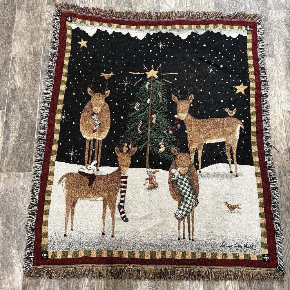Woven Christmas Tapestry Throw Blanket Reindeer Party Trees Stockings 45x54